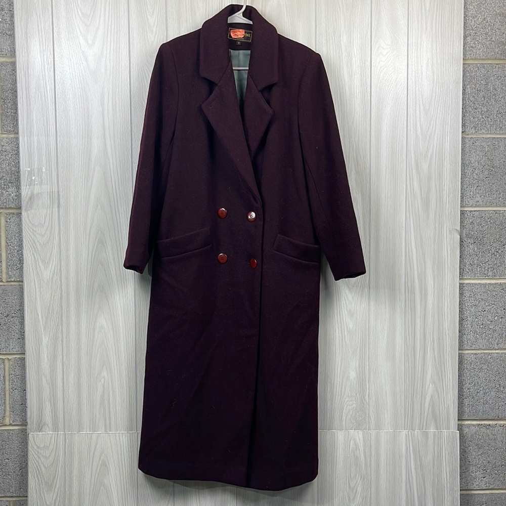 Kristen Blake Women Plum Wool Trench Coat Size 4 Lined Outdoor Winter Big Button